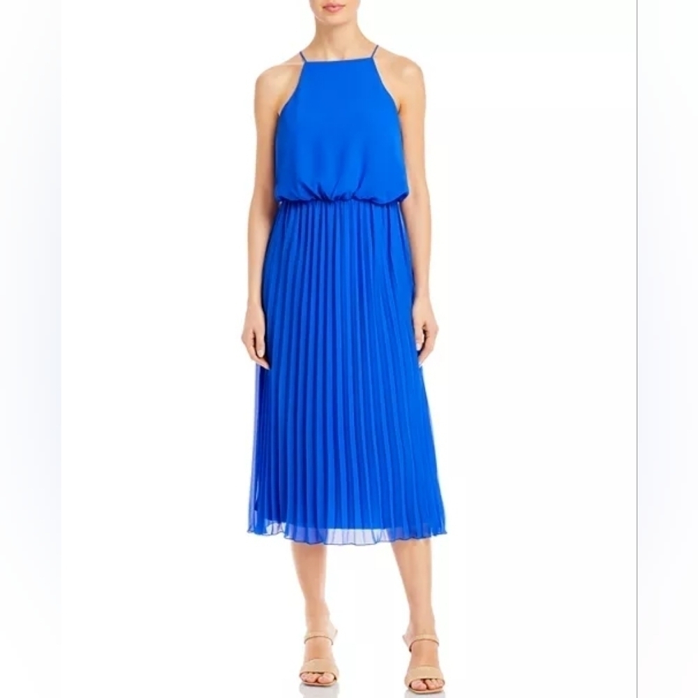 Sam Edelman Blue Womens Blue Solid Spaghetti Strap Crew Neck Tea-Length Dress